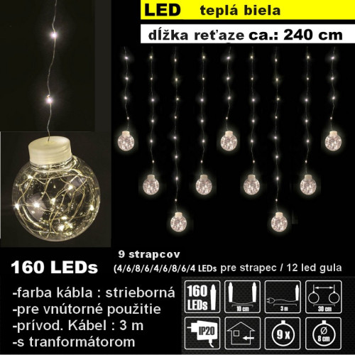 #9733 LED svetelný reťaz Gule 160 LED 9 strapcov o 8 cm