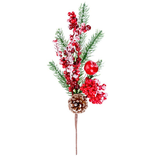 #9864 vetvička s bobuľkami a šiškami červená zasnežená