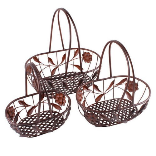 Dekoračný železný košík Kruh s uškom  3 ks - hnedý