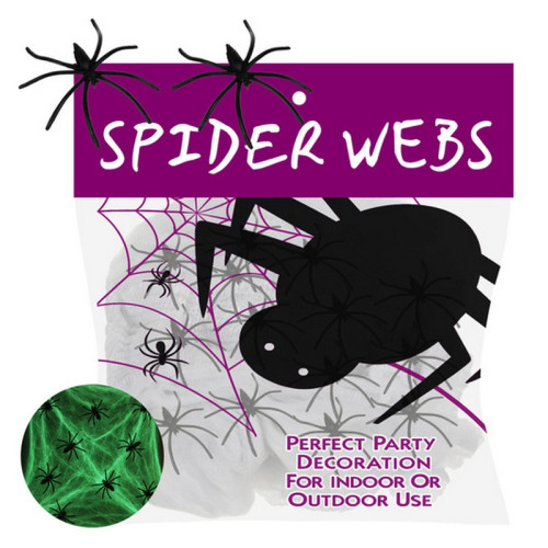 #10886 Halloweenska fluorescenčná pavučina s 20 pavúkmi, ktorá svieti v tme