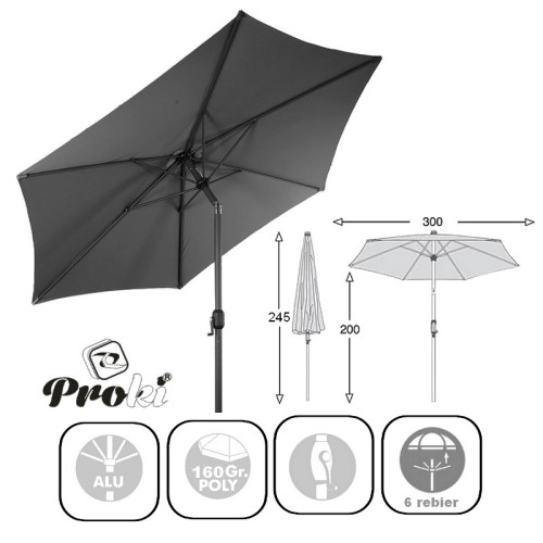 Slnečník s kľukou - naklápací 300 cm - Sivý