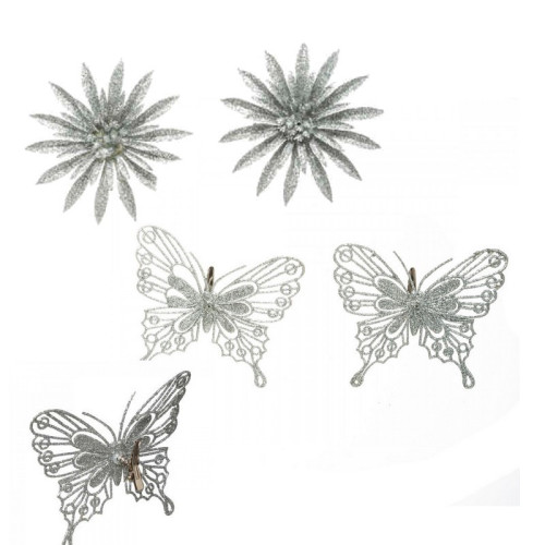 Vianočná dekorácia Motýľ a kvet na klipe 2 ks